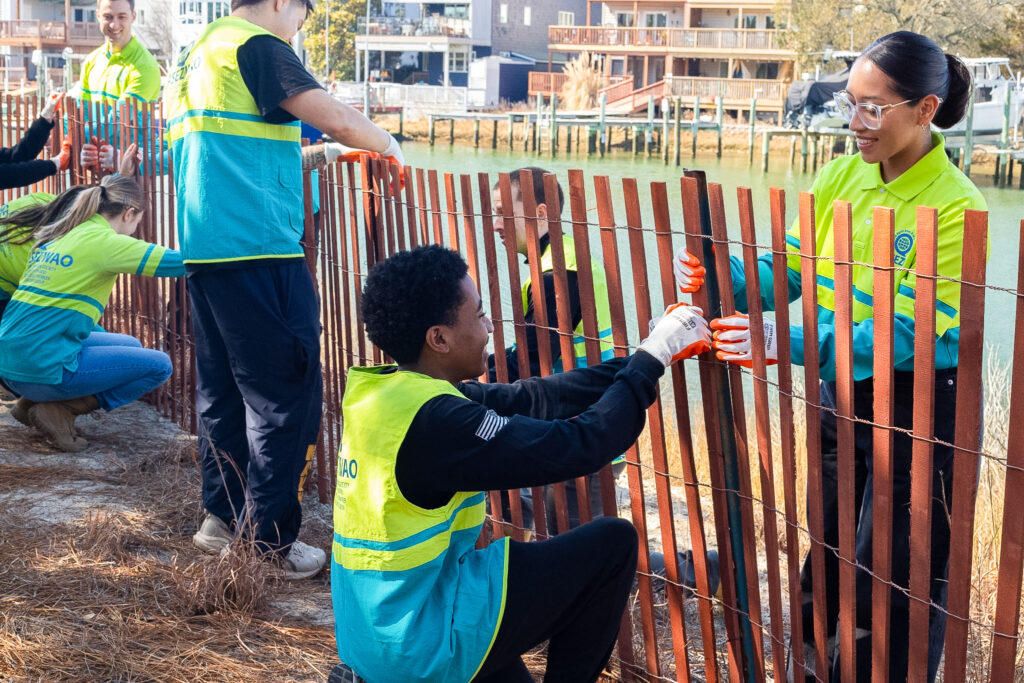 volunteers repairing sand fences to prevent erosion in Virginia Beach